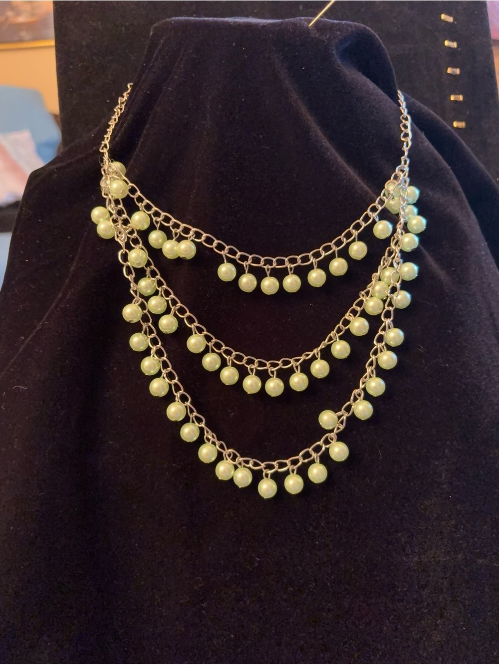 Triple-Strand Pale Green Pearl Cascade Necklace
